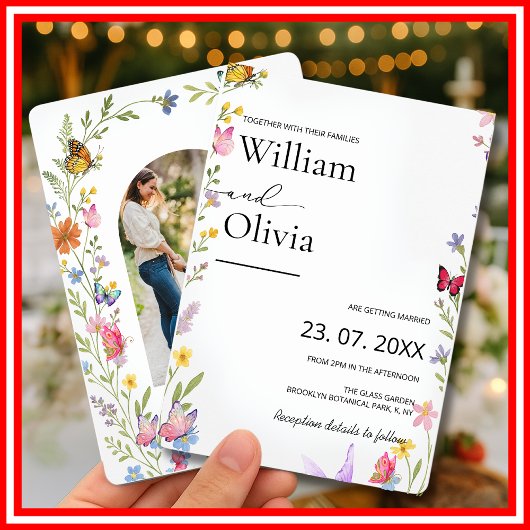 Floral Wildflower Elegante Boho Butterflies Weddin Kaart