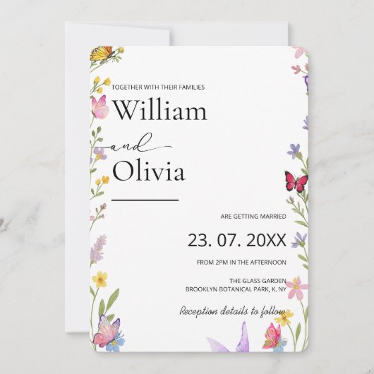 Floral Wildflower Elegante Boho Butterflies Weddin Kaart (Voorkant)