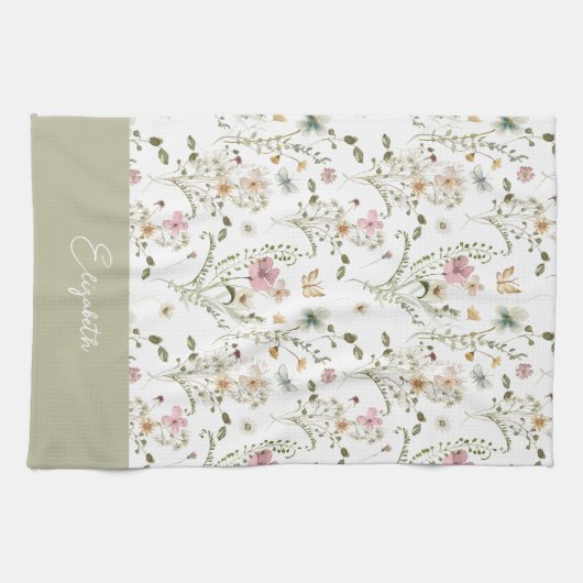 Floral Wildflower Gepersonaliseerd Monogram Theedoek (Horizontaal)