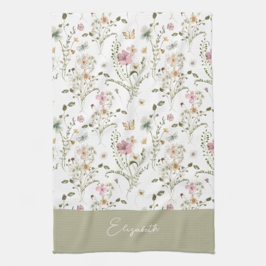 Floral Wildflower Gepersonaliseerd Monogram Theedoek (Verticaal)