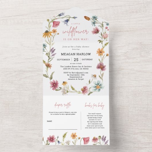 Floral Wildflower Girl Baby shower All In One Uitnodiging (Binnen)