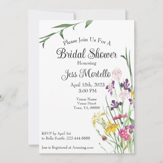 Floral Wildflower Iris Bridal Shower Uitnodiging (Voorkant)
