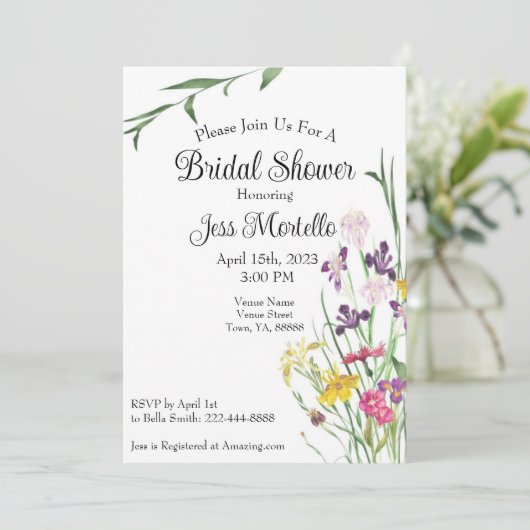 Floral Wildflower Iris Bridal Shower Uitnodiging (Staand voorkant)