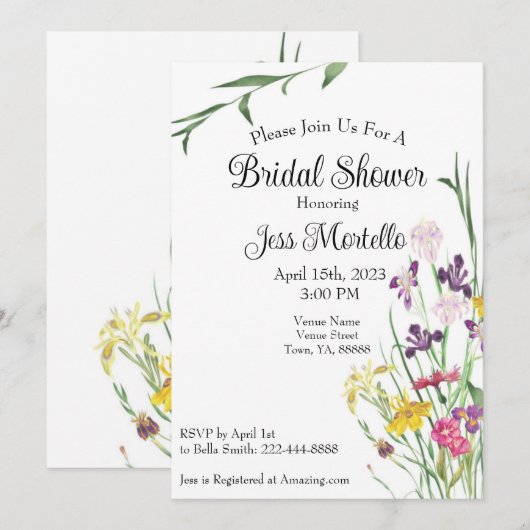Floral Wildflower Iris Bridal Shower Uitnodiging (Voorkant / Achterkant)