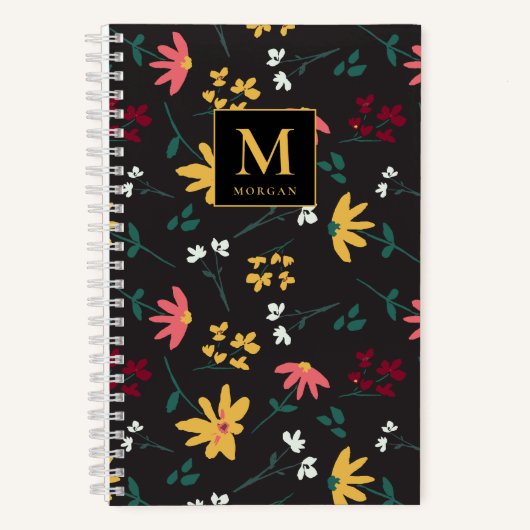 Floral Wildflower Modern Monogram Gepersonaliseerd Notitieboek (Voorkant)