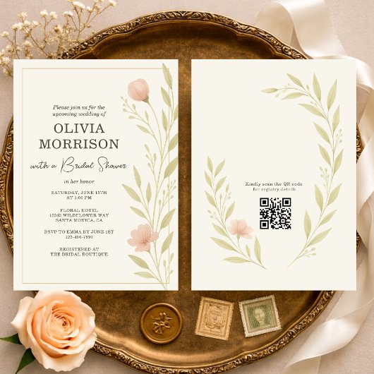 Floral Wildflower QR Code Bridal Shower Kaart