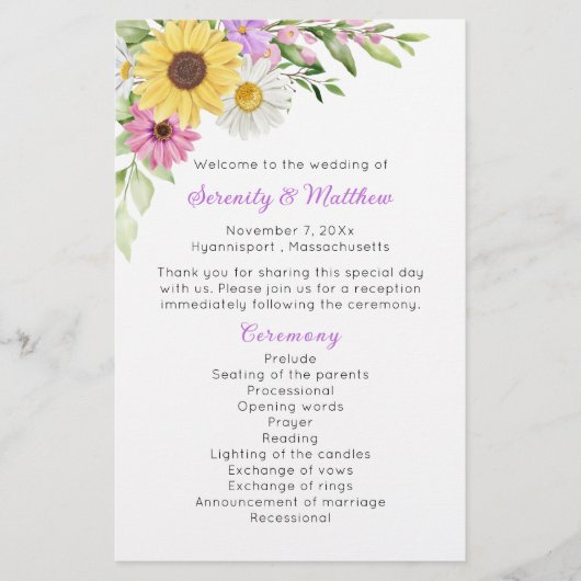 Floral Wildflower Sunflower Daisy Wedding Program (Voorkant)