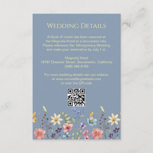 Floral Wildflowers Dusty Blue Wedding Details Informatiekaartje (Voorkant)