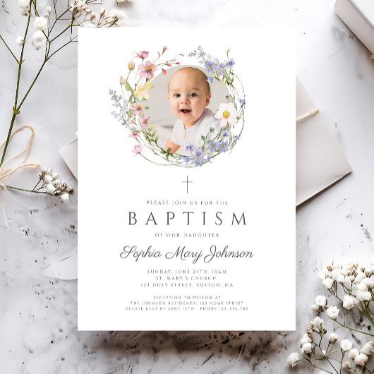 Floral Wildflowers Krans Foto Doop Kaart