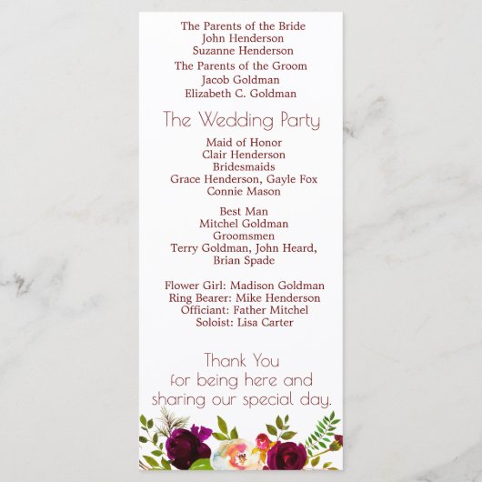 Floral Wine Blush Huwelijksprogramma Programmakaart (Achterkant)