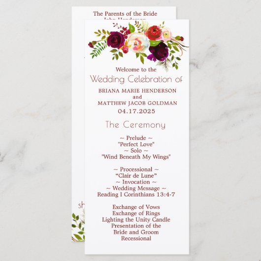 Floral Wine Blush Huwelijksprogramma Programmakaart (Voorkant / Achterkant)