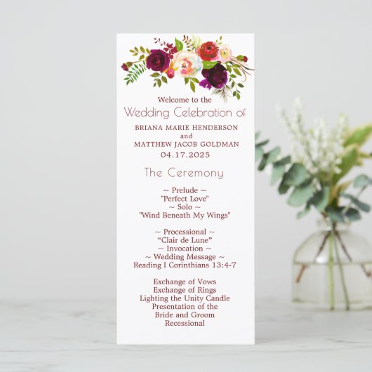Floral Wine Blush Huwelijksprogramma Programmakaart (Staand voorkant)
