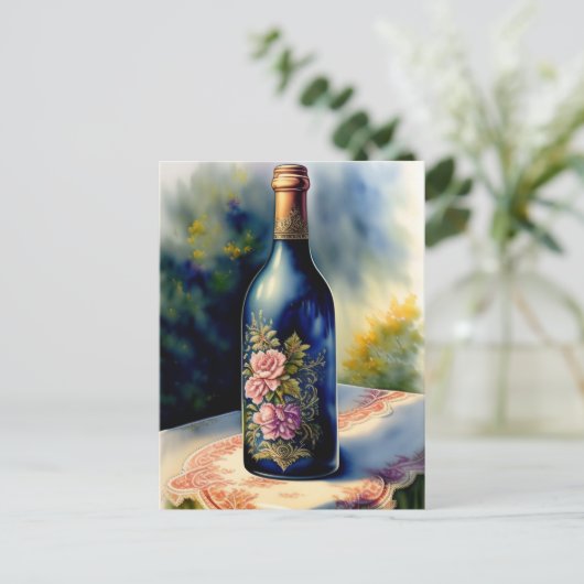 Floral Wine Bottle still Digital Art Briefkaart (Staand voorkant)