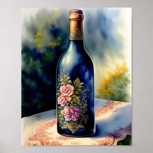 Floral Wine Bottle still Digital Art Poster (Voorkant)