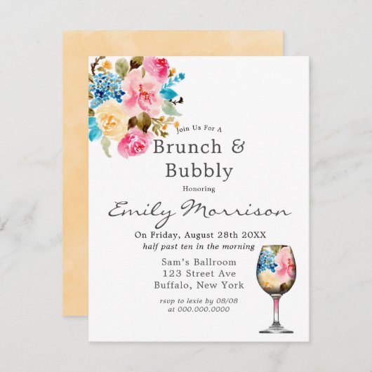 Floral Wine Glass Brunch & Bubble Invitation Kaart (Voorkant / Achterkant)