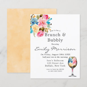 Floral Wine Glass Brunch & Bubble Invitation Kaart