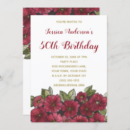 Floral Wine Gold 50th Birthday Invite Kaart