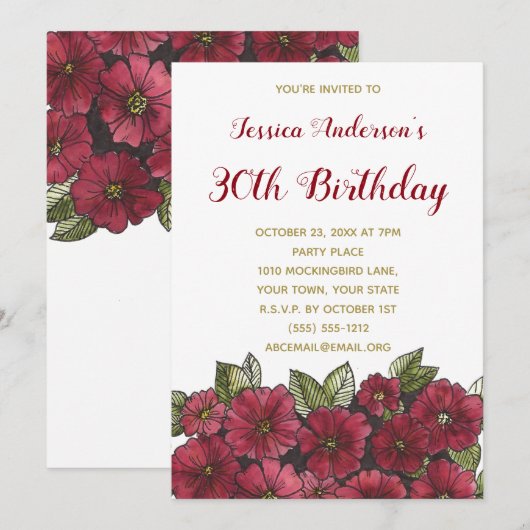 Floral Wine Gold Dertigste 30ste Verjaardag Uitnod Kaart (Voorkant / Achterkant)