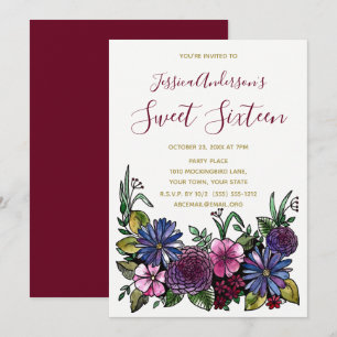 Floral Wine Paars Blue Gold Sweet 16 Birthday Kaart