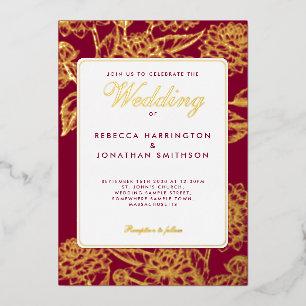  Floral Wine Red Gold Wedding Folie Uitnodiging