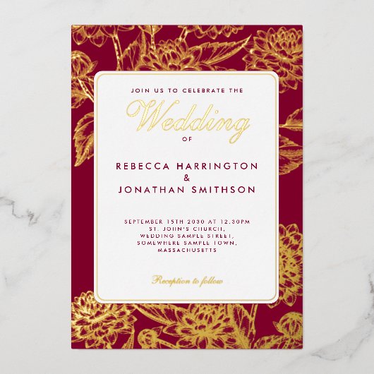  Floral Wine Red Gold Wedding Folie Uitnodiging (Voorkant)