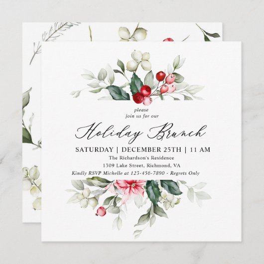 Floral Winter Berries Holiday Brunch uitnodiging (Voorkant / Achterkant)