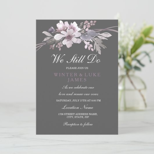 Floral Winter Gray Vow Renewal Jubileum Invite Kaart (Staand voorkant)