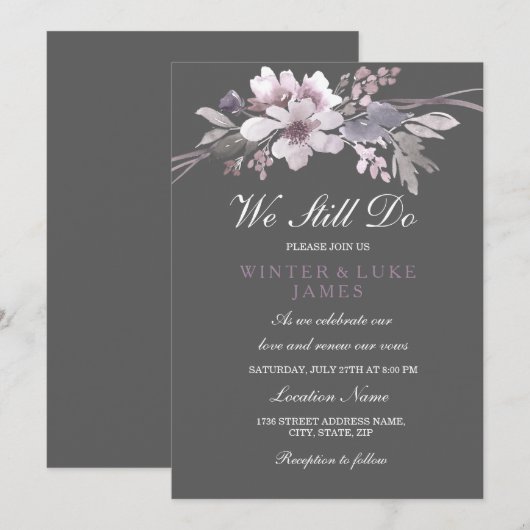 Floral Winter Gray Vow Renewal Jubileum Invite Kaart (Voorkant / Achterkant)