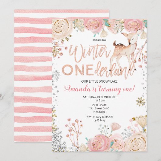 Floral Winter ONEderland Sneeuwdag Uitnodiging (Voorkant / Achterkant)