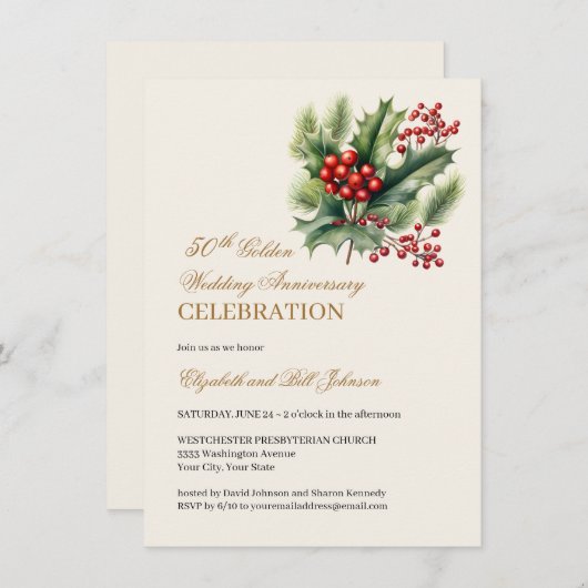 Floral Winter Theme Gold 50th Wedding Jubileum Kaart (Voorkant / Achterkant)
