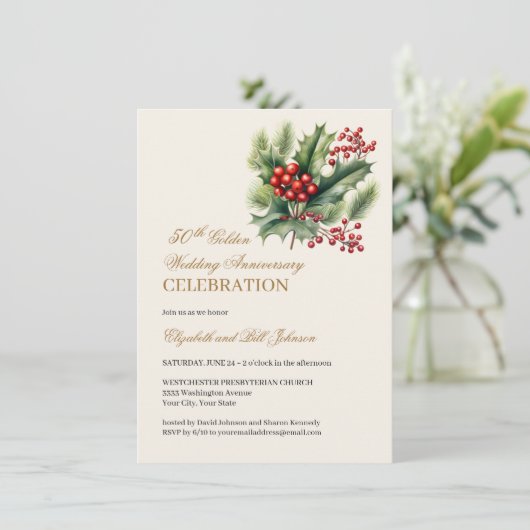 Floral Winter Theme Gold 50th Wedding Jubileum Kaart (Staand voorkant)