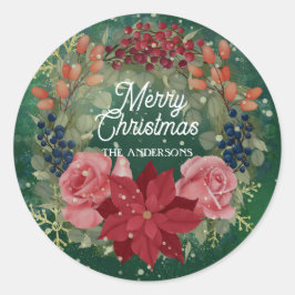 Floral winter waterverf met poinsettia-rozen ronde sticker