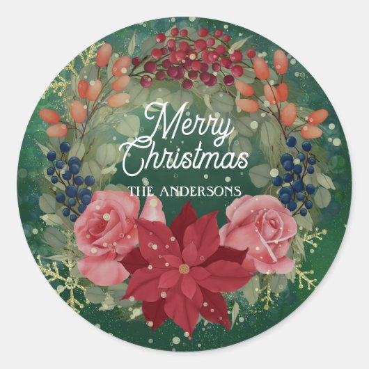 Floral winter waterverf met poinsettia-rozen ronde sticker (Voorkant)