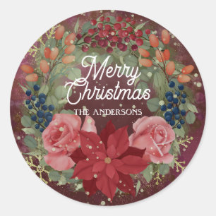 Floral winter waterverf met rode poinsettia inv ronde sticker