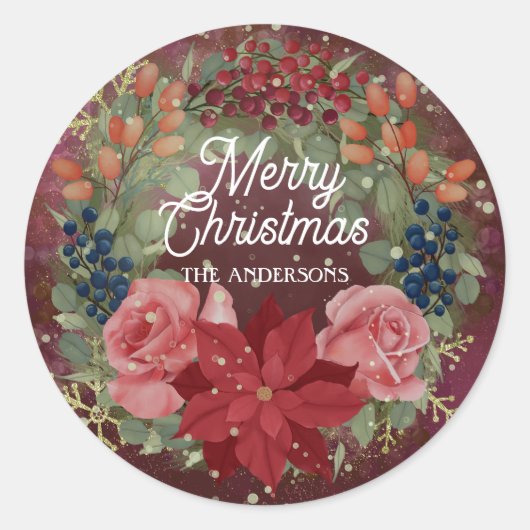 Floral winter waterverf met rode poinsettia inv ronde sticker (Voorkant)