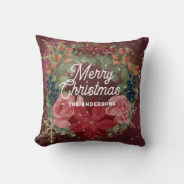 Floral winter waterverf met rode poinsettia kussen