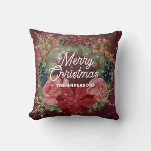 Floral winter waterverf met rode poinsettia kussen