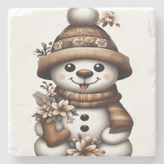 Floral Winter Wonderland Snowman Stenen Onderzetter (Voorkant)