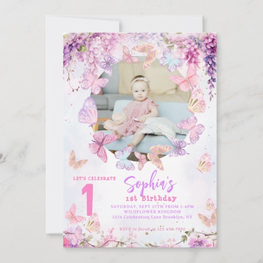 Floral Wisteria Vlinder Kinder foto Verjaardag Kaart (Voorkant)