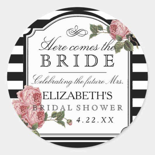 Floral With Stripes Bridal Shower Guest Favor Ronde Sticker (Voorkant)