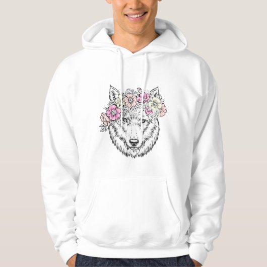 Floral Wolf Line Art – Boho Wild Animal with Flowe Hoodie (Voorkant)