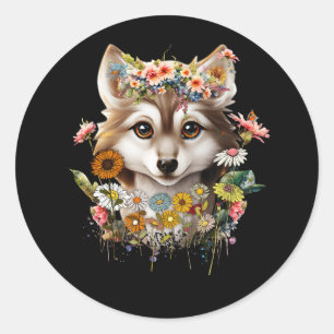 Floral Wolf Lover  Flowers Wolf Gezicht voor WO Ronde Sticker