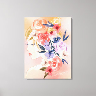 Floral Woman Botanical Waterverf Illustration Canvas Afdruk