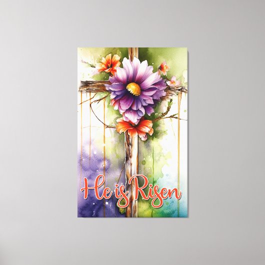 Floral Wood Christelijk Cross, hij is Pasen Canvas Afdruk (Voorkant)