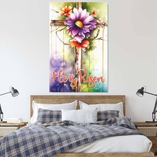 Floral Wood Christelijk Cross, hij is Pasen Canvas Afdruk (Insitu (Slaapkamer))