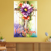 Floral Wood Christelijk Cross, hij is Pasen Canvas Afdruk (Insitu (Woonkamer))