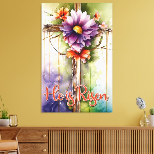 Floral Wood Christelijk Cross, hij is Pasen Canvas Afdruk (Insitu (Woonkamer))