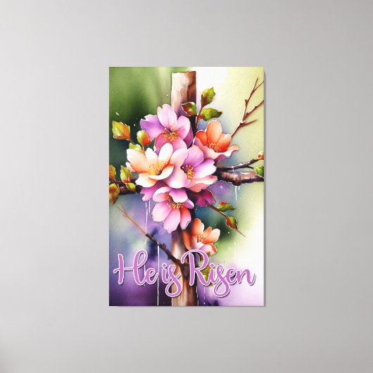 Floral Wood Christelijk Cross, hij is Pasen Canvas Afdruk (Voorkant)