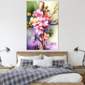 Floral Wood Christelijk Cross, hij is Pasen Canvas Afdruk (Insitu (Slaapkamer))