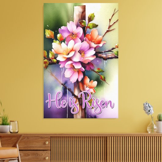 Floral Wood Christelijk Cross, hij is Pasen Canvas Afdruk (Insitu (Woonkamer))